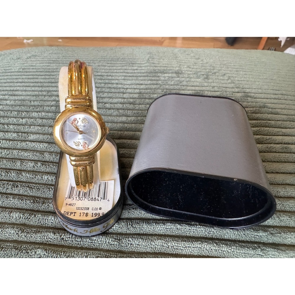 Black Hills Gold Tone Leaf Floral Bangle Quartz Watch With Case Battery